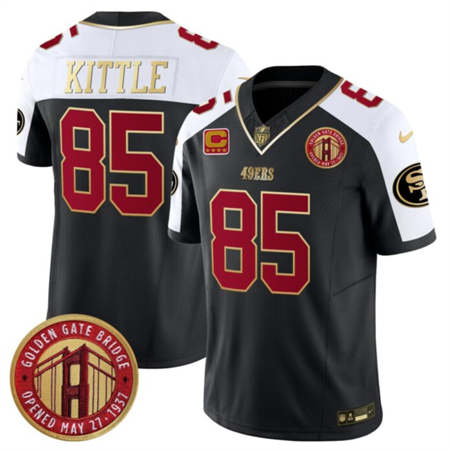 Men's San Francisco 49ers #85 George Kittle Balck/White F.U.S.E. With 4-Star C Patch Golden Gate Bridge Patch Alternate Vapor Limited Football Stitched Jersey